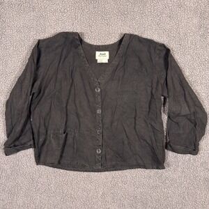 FLAX Black Linen Jacket Shirt Button Down Top V-Neck Medium Blouse Pockets